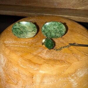 Dante Green Stone Gold Tone Cufflinks and Tie‎ Tack Set Vintage